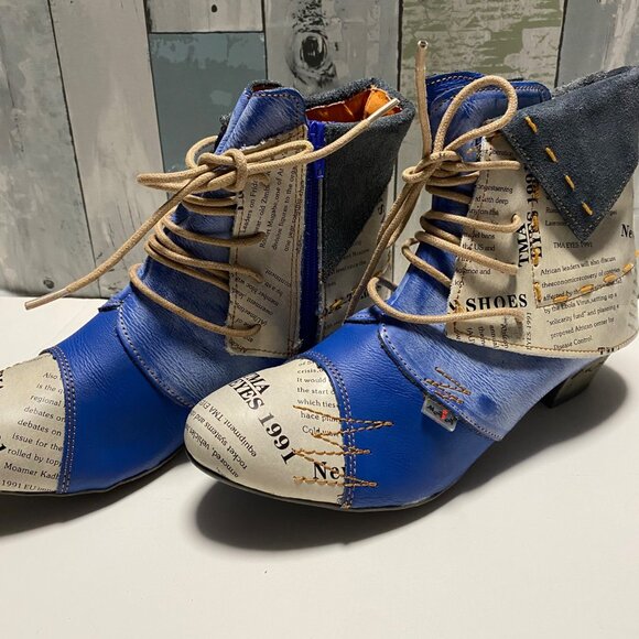 TMA Shoes - Unique Newspaper Print & Blue PU Leather Ankle Boots Size 9
